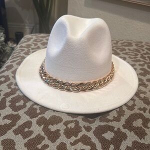 White Fedora Hat with Removable Gold Chain Accent